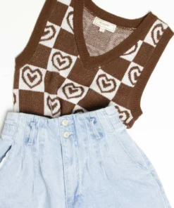 Chocolate Checkered Hearts Sweater Vest -US Clothing Shop brown hearts checkered sweater vest 2 48037.1692388875