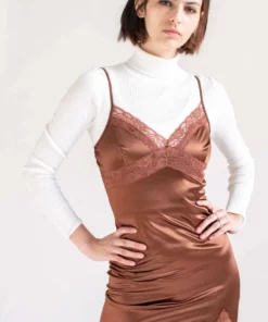 Brown Lace Trim Slip Dress