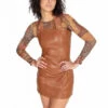 Brown Stretch Pleather Mini Dress
