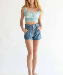 Button Front Seamed Paper Bag Denim Shorts -US Clothing Shop button front seamed paper bag denim shorts 1 38504.1692387791