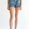 Button Front Seamed Paper Bag Denim Shorts