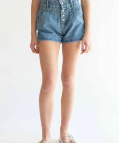 Button Front Seamed Paper Bag Denim Shorts