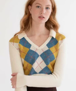 Cream Argyle Collared Sweater