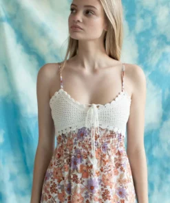Crochet Top Peach Floral Maxi Dress