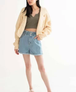 Cuffed Paper Bag Waist Denim Shorts -US Clothing Shop cuffed paper bag waist denim shorts 1 43484.1666806014