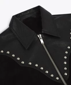 Black Snake Effect Suede Studded Leather Jacket -US Clothing Shop detail2
