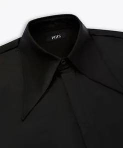 Black Satin Oversize Pointed Collar Shirt -US Clothing Shop details