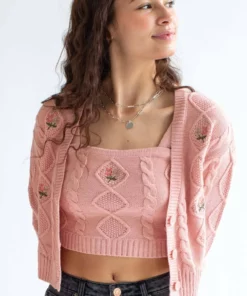 Rose Embroidered Cardigan & Tank Set