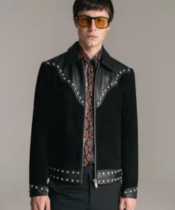 Black Snake Effect Suede Studded Leather Jacket -US Clothing Shop frontshot
