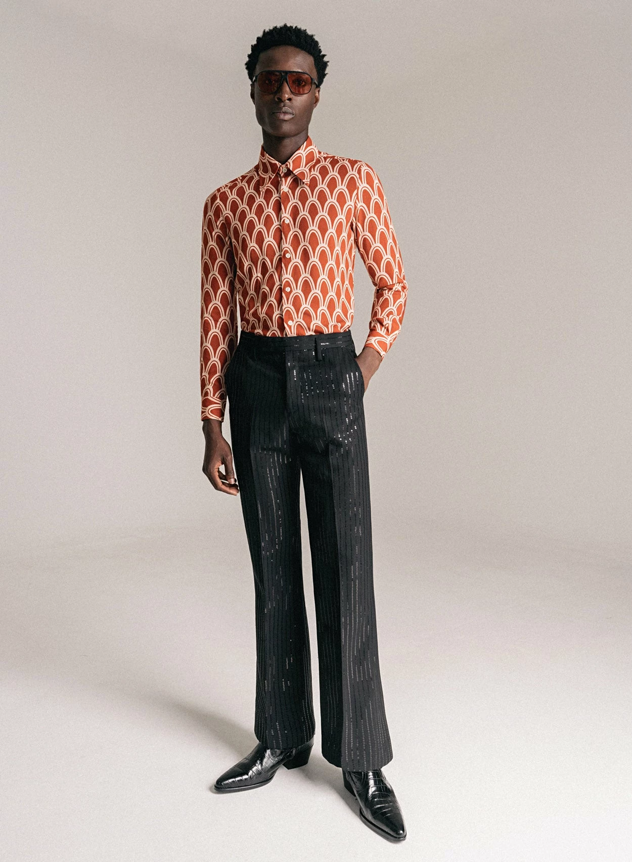 Sequin Pinstripe Wool Flared Trousers 1 Sequin Pinstripe Wool Flared Trousers