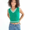 Green Contrast Trim Sweater Vest