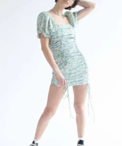 Green Spring Floral Cinched Mini Dress