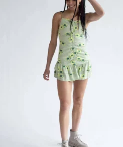 Green Sunflower Cinched Mini Dress