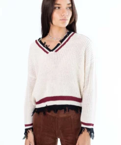 Ivory Distressed Varsity Pullover