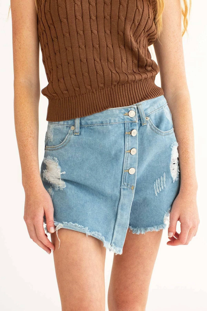 Light Wash Distressed Denim Skort 2 Light Wash Distressed Denim Skort - Image 2