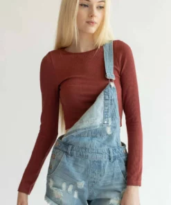 Light Wash Distressed Overall Shorts