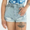 Light Wash Distressed Paper Bag Waist Denim Shorts