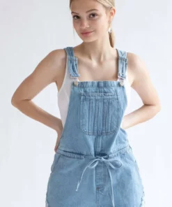 Light Wash Tie Waist Denim Overall Shorts
