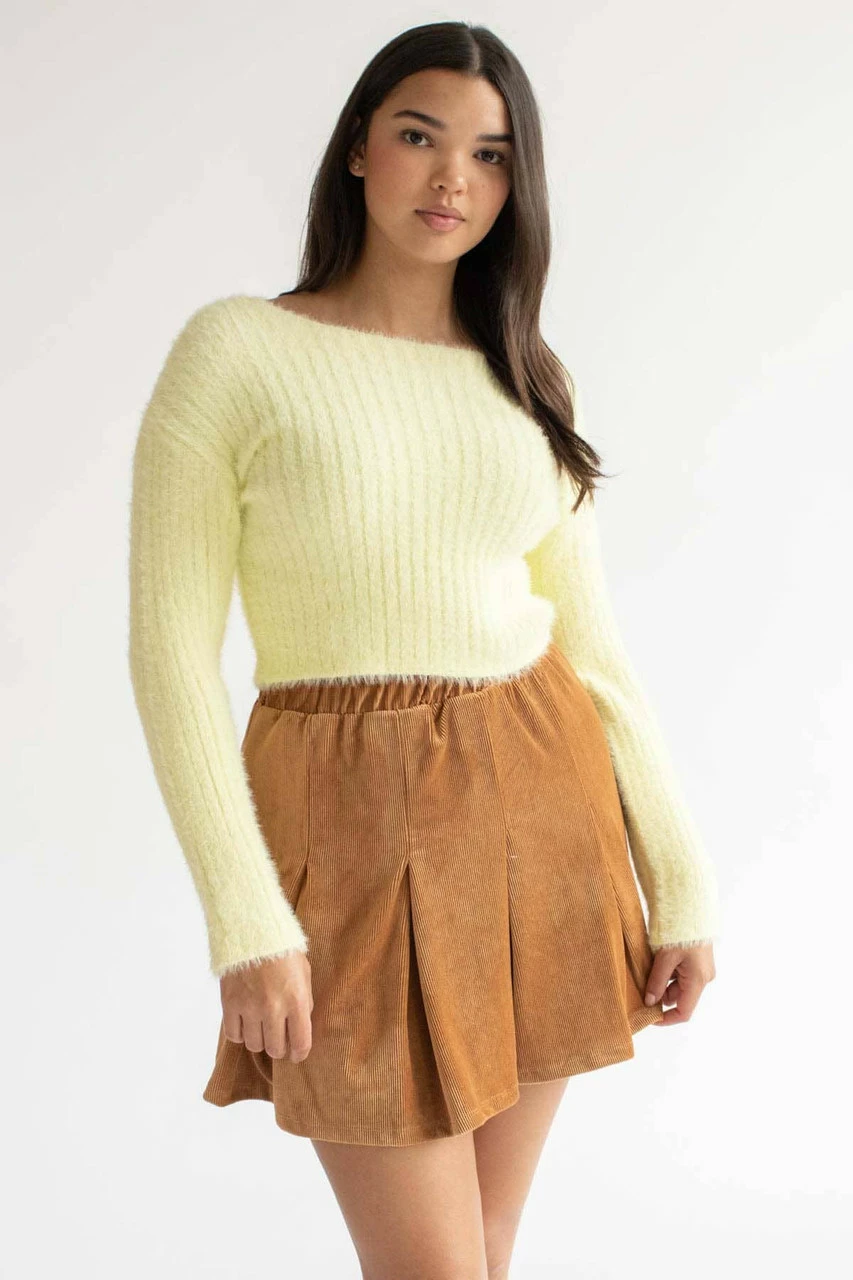 Light Yellow Eyelash Ribbed Crop Sweater 3 Light Yellow Eyelash Ribbed Crop Sweater - Image 3