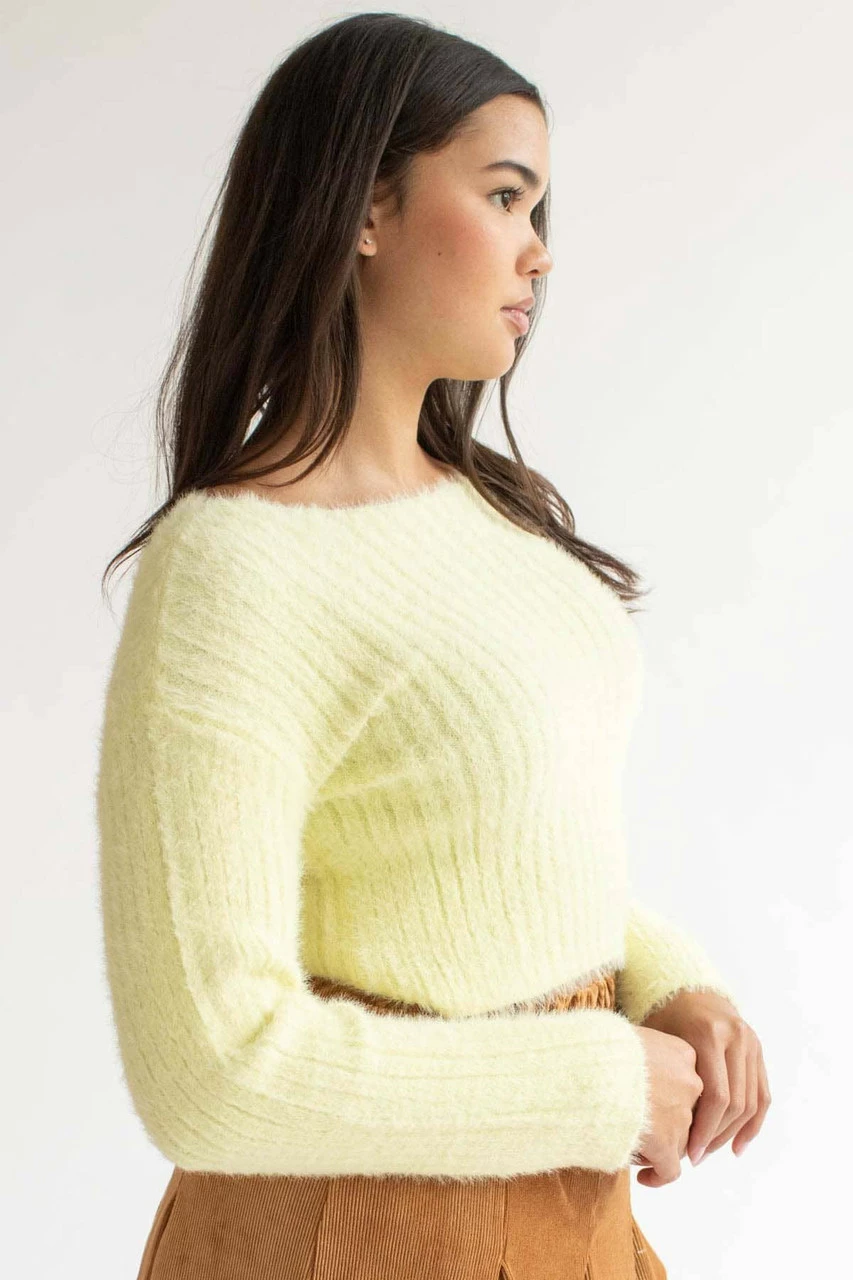 Light Yellow Eyelash Ribbed Crop Sweater 5 Light Yellow Eyelash Ribbed Crop Sweater - Image 5