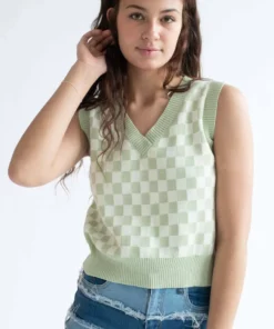 Moss Green Checkered Sweater Vest