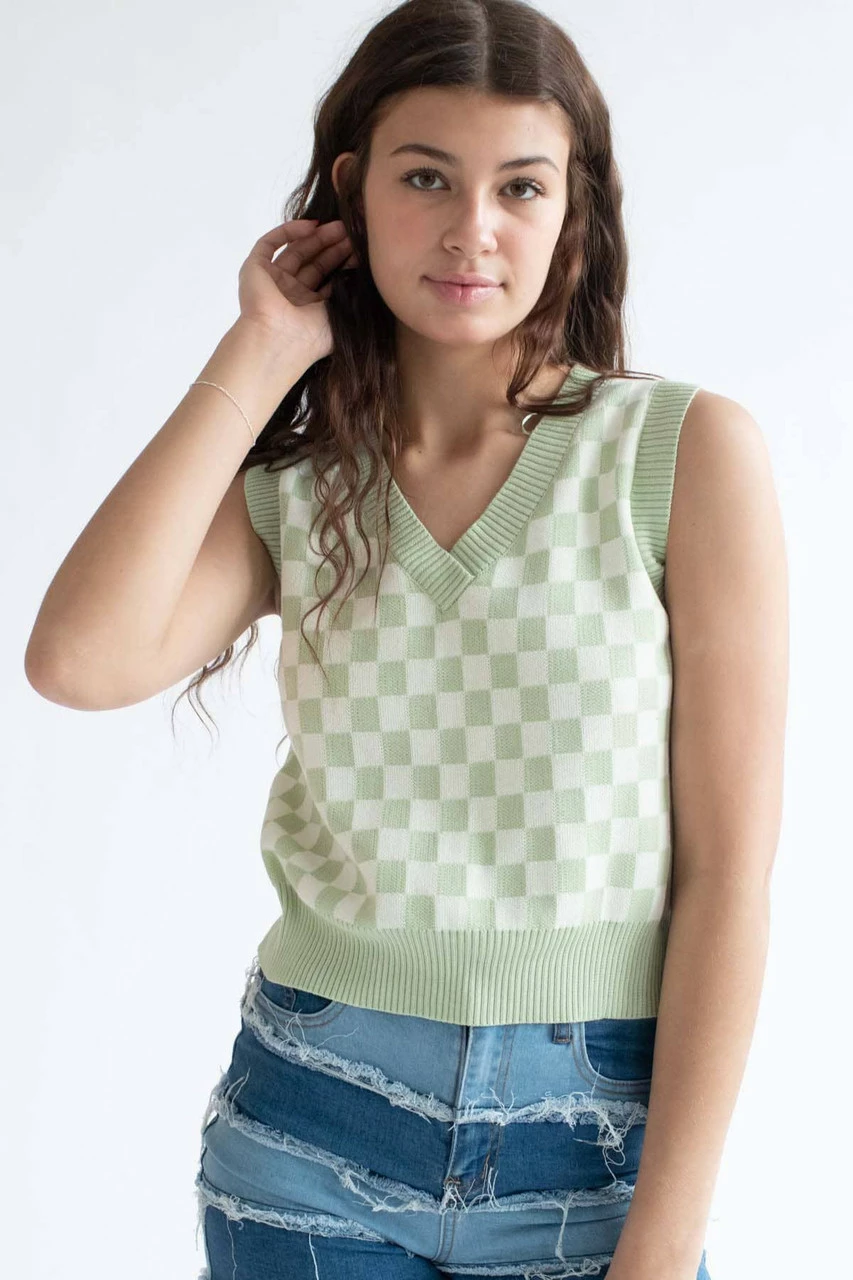Moss Green Checkered Sweater Vest 1 Moss Green Checkered Sweater Vest