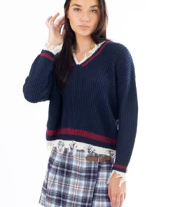 Navy Distressed Varsity Pullover