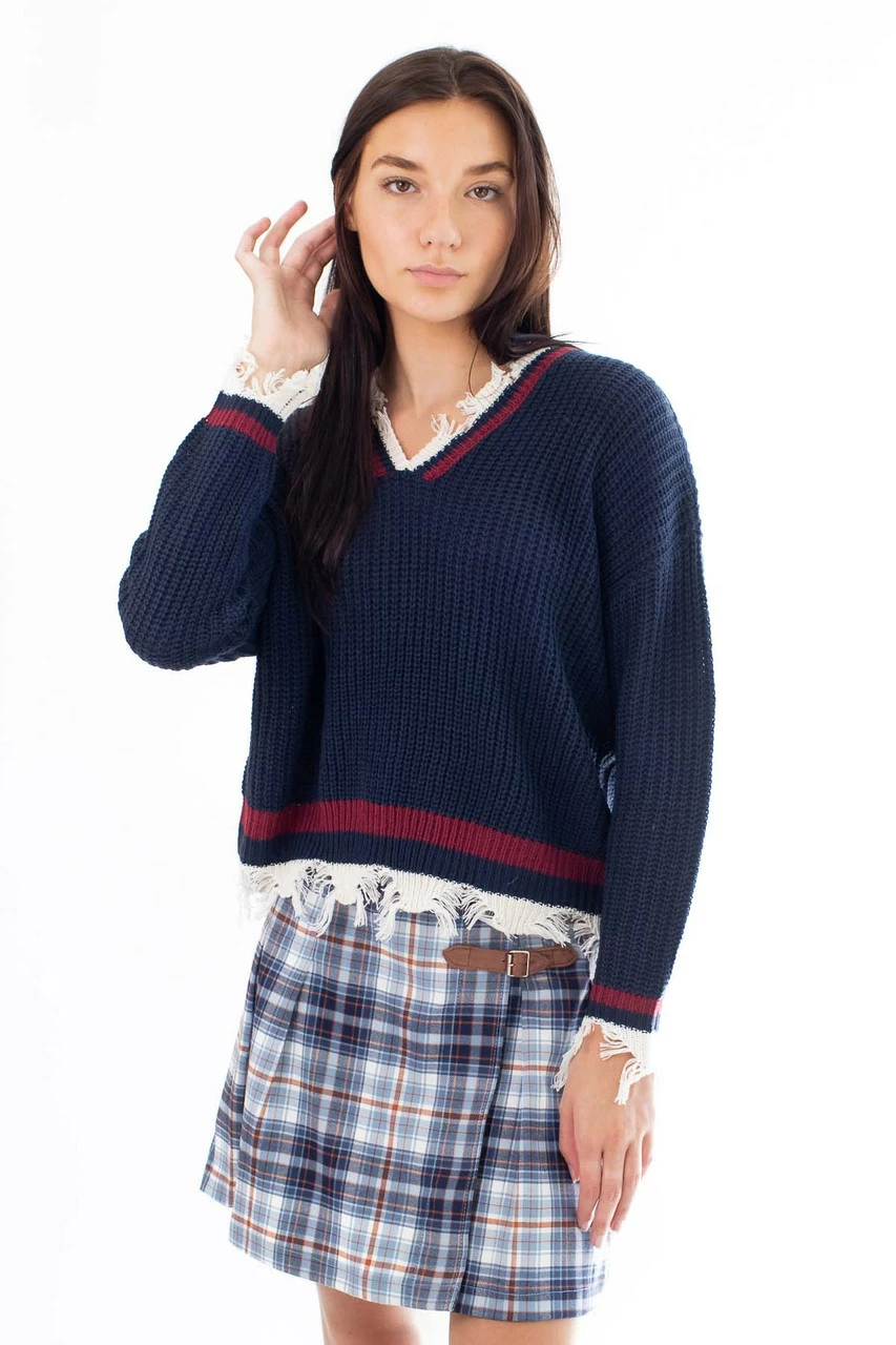 Navy Distressed Varsity Pullover 1 Navy Distressed Varsity Pullover