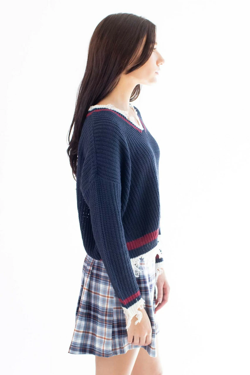 Navy Distressed Varsity Pullover 3 Navy Distressed Varsity Pullover - Image 3