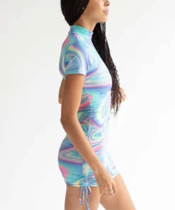 Oil Spill Mock Neck Ruched Side Mini Dress -US Clothing Shop oil spill mock neck mini dress 3 80662.1666808862