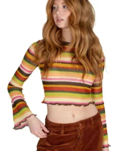 Olive Bell Sleeve Crochet Stripe Sweater