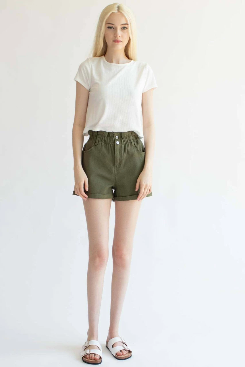 Olive Cuffed Paper Bag Waist Denim Shorts 2 Olive Cuffed Paper Bag Waist Denim Shorts - Image 2