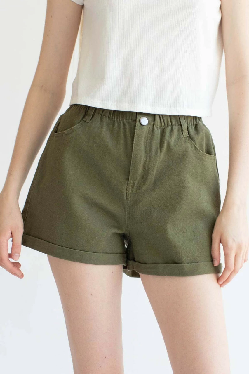 Olive Cuffed Paper Bag Waist Denim Shorts 3 Olive Cuffed Paper Bag Waist Denim Shorts - Image 3
