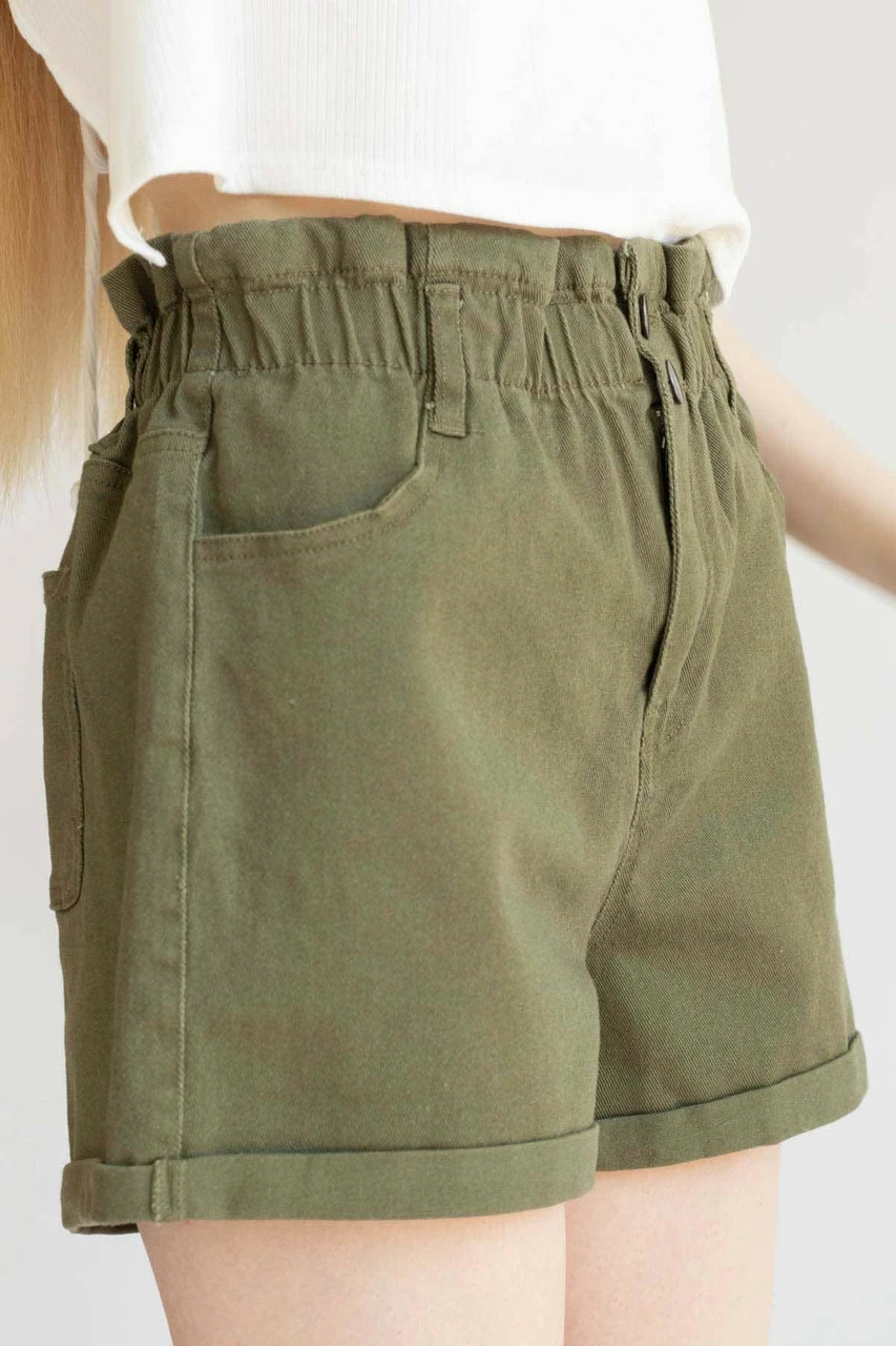 Olive Cuffed Paper Bag Waist Denim Shorts 4 Olive Cuffed Paper Bag Waist Denim Shorts - Image 4