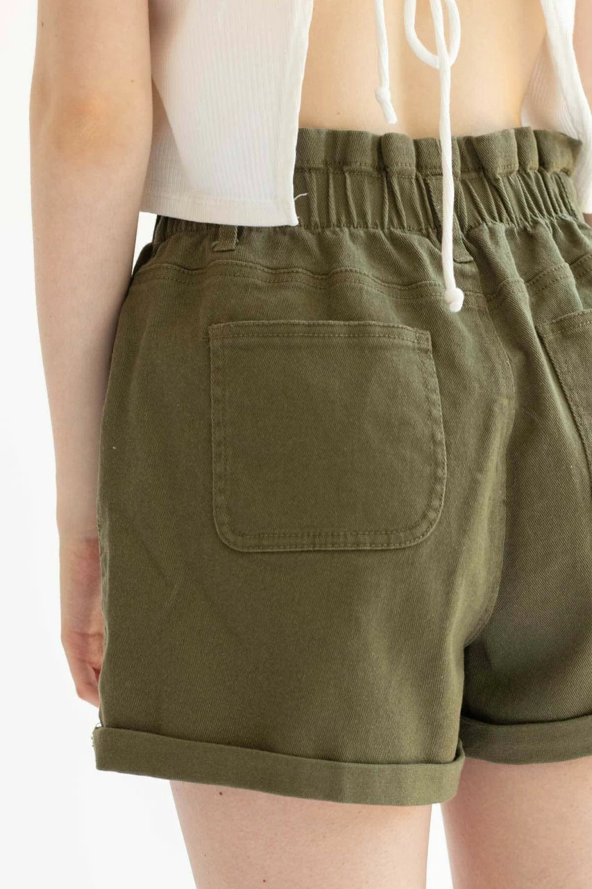 Olive Cuffed Paper Bag Waist Denim Shorts 1 Olive Cuffed Paper Bag Waist Denim Shorts