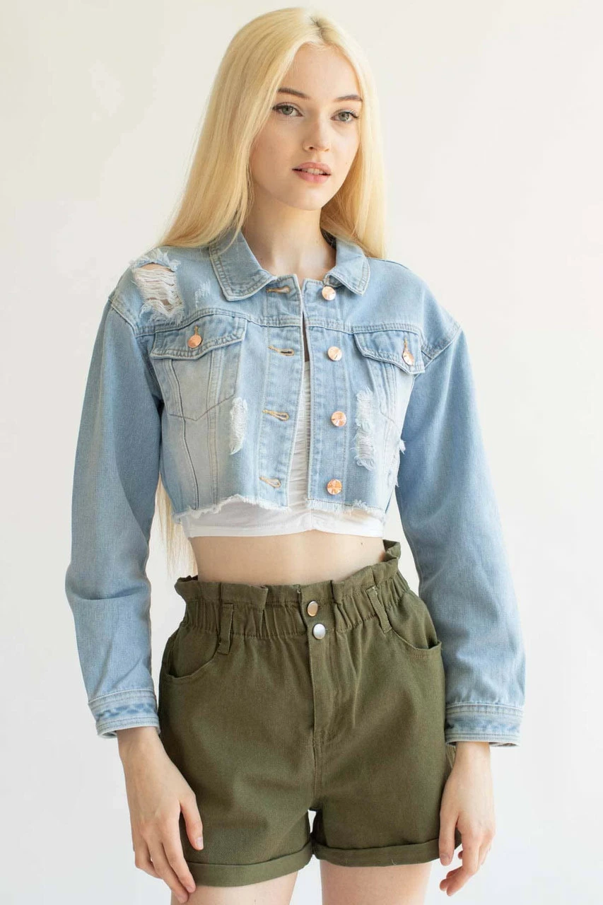 Olive Cuffed Paper Bag Waist Denim Shorts 5 Olive Cuffed Paper Bag Waist Denim Shorts - Image 5