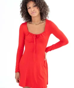 Red Long Sleeve Milkmaid Dress