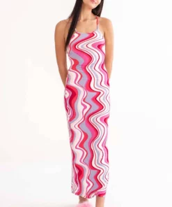 Red Marbled Waves Lace Up Back Maxi Dress