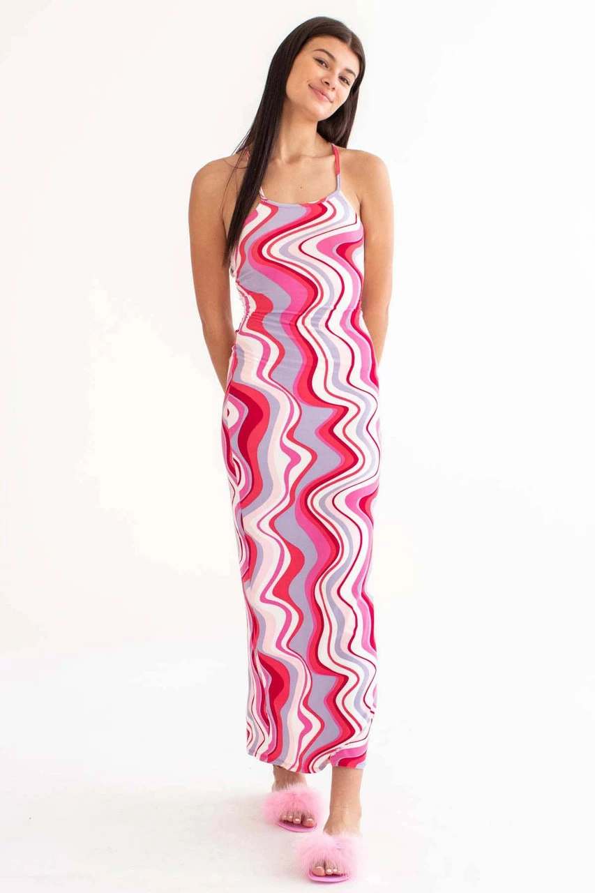 Red Marbled Waves Lace Up Back Maxi Dress 1 Red Marbled Waves Lace Up Back Maxi Dress