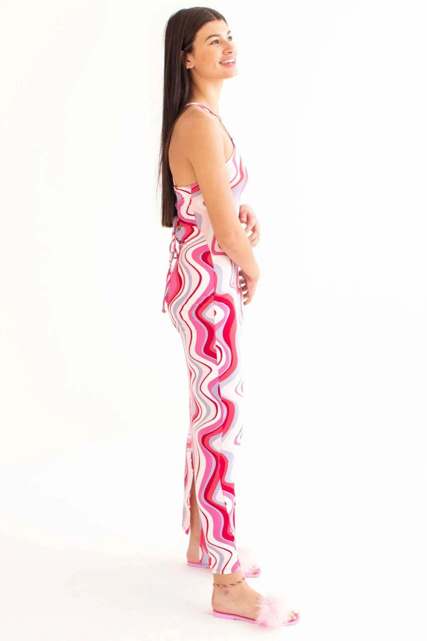 Red Marbled Waves Lace Up Back Maxi Dress 5 Red Marbled Waves Lace Up Back Maxi Dress - Image 5