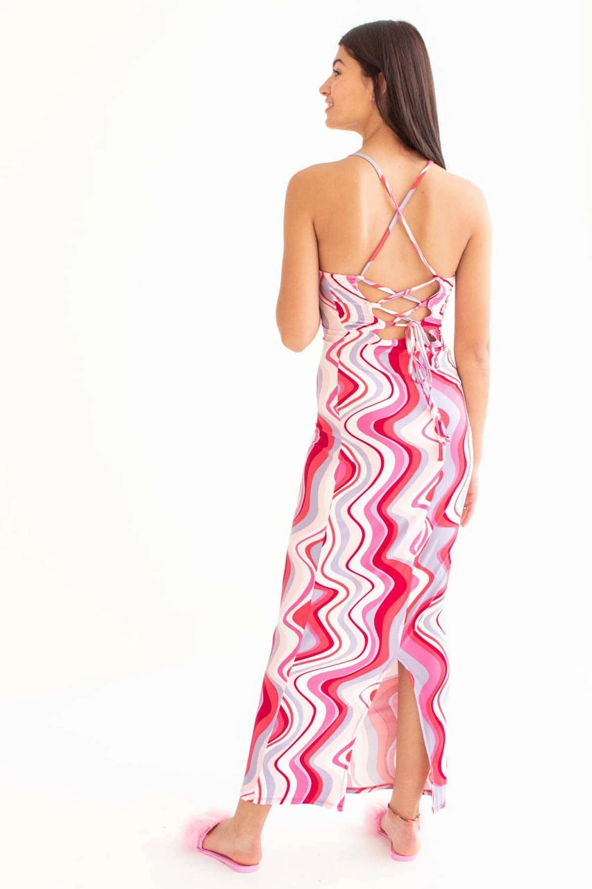 Red Marbled Waves Lace Up Back Maxi Dress 2 Red Marbled Waves Lace Up Back Maxi Dress - Image 2