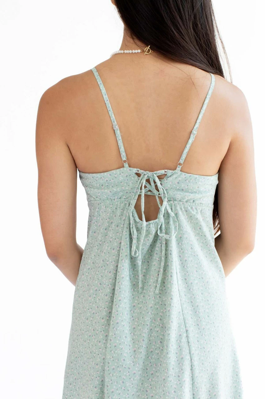 Sage Green Tie Back Floral Slip Dress 5 Sage Green Tie Back Floral Slip Dress - Image 5