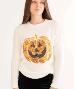 Sequin Jack-O-Lantern Chenille Sweater