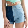 Split Color Blocked Denim Shorts