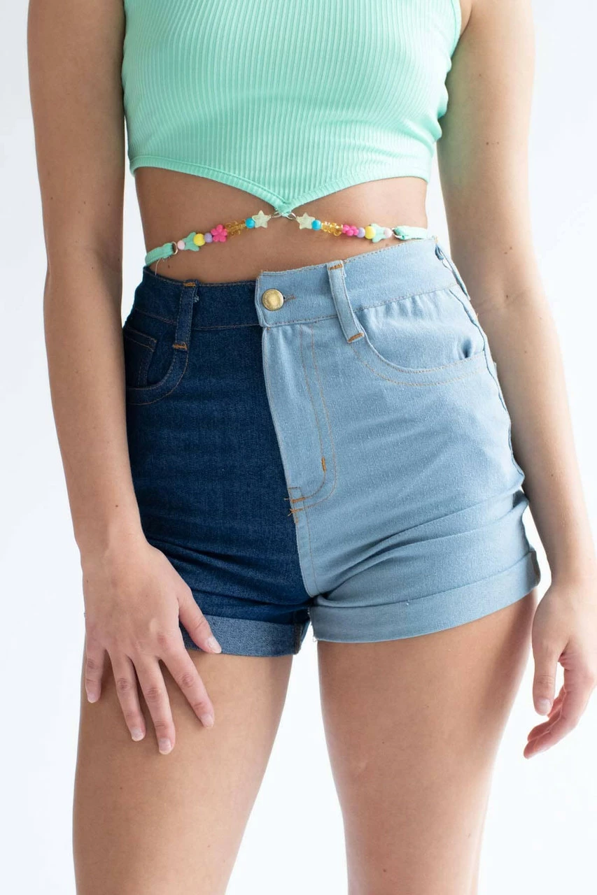 Split Color Blocked Denim Shorts 1 Split Color Blocked Denim Shorts