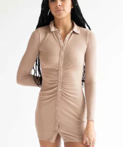 Taupe Ruched Long Sleeve Shirt Dress 7 Taupe Ruched Long Sleeve Shirt Dress -US Clothing Shop taupe ruched long sleeved shirt dress 4 08056.1666808964
