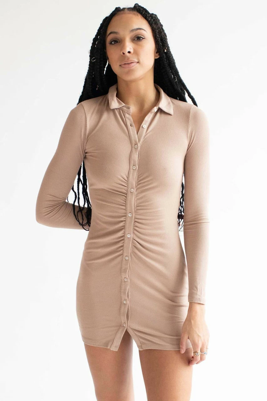 Taupe Ruched Long Sleeve Shirt Dress 4 Taupe Ruched Long Sleeve Shirt Dress - Image 4