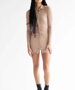 Taupe Ruched Long Sleeve Shirt Dress