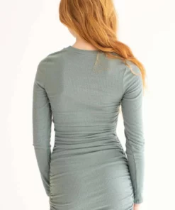 Teal Brushed Ruched Sides Ribbed Dress