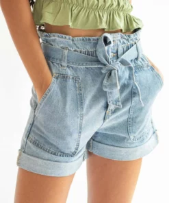 Tie Belt Paper Bag Waist Denim Shorts -US Clothing Shop tie belt paper waist denim shorts 5 30957.1666809141